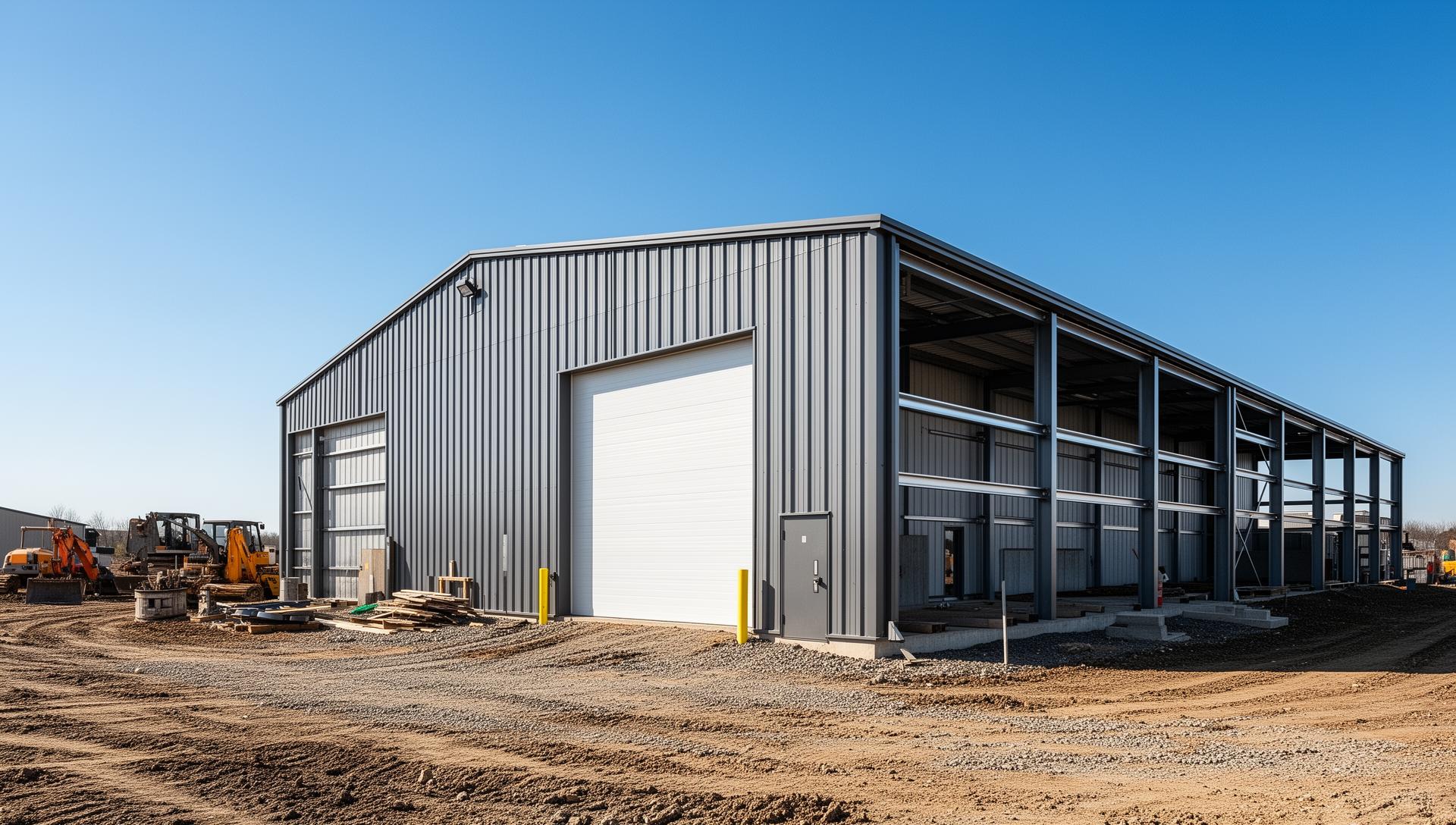 TruGlide roll-up garage door installed on a steel metal building